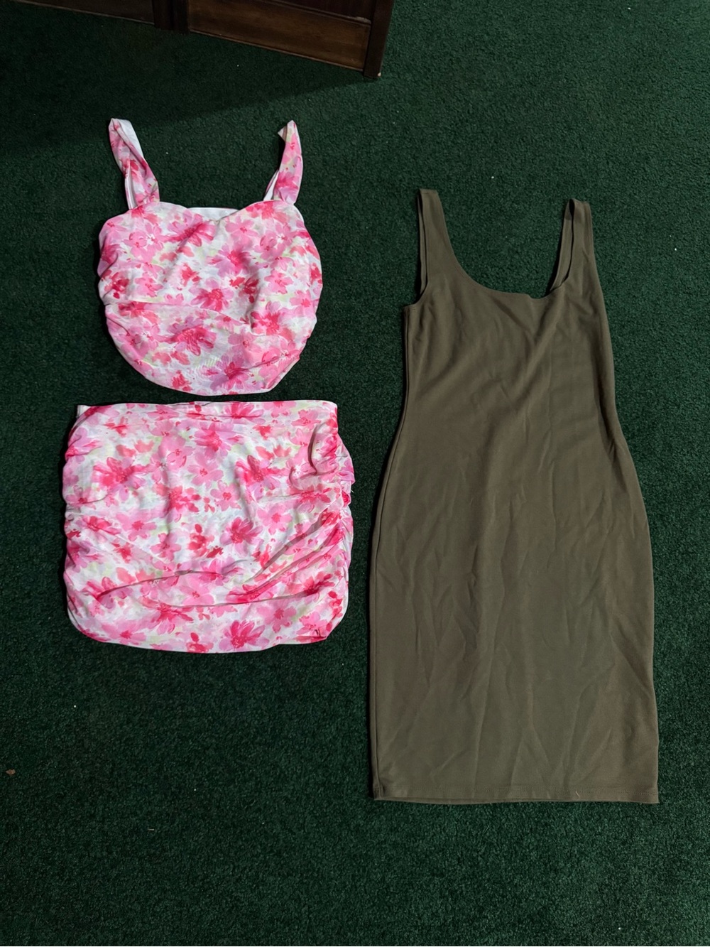 iris Pink Floral Two-Piece Set with Olive Bodycon Tank Dress